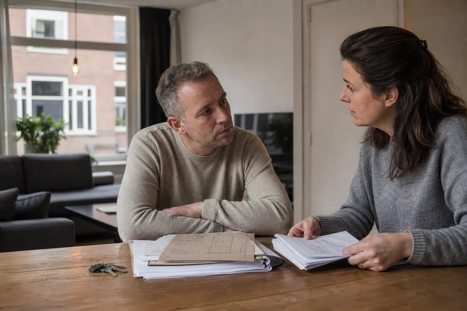 Een Nederlandse woning met sleutels en papieren. Beeld bij het artikel: Wat schrijft de wet voor over het reservefonds en het meerjarenonderhoudsplan van uw VvE?
